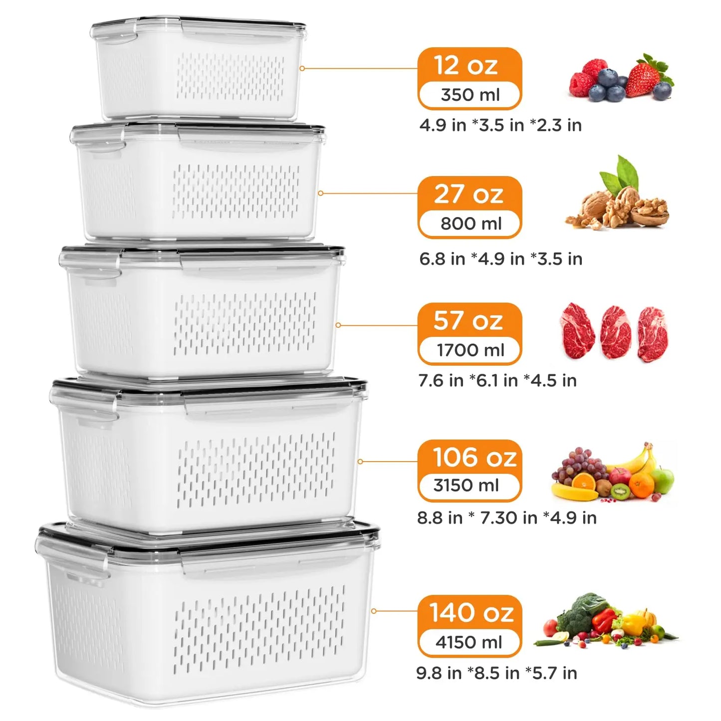 5 Pack Fridge Organizers and Storage -Stackable Fruit Storage Containers for Fridgewith Removable Colander, BPA-Free