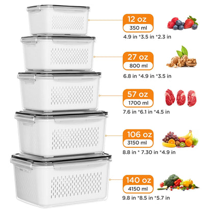 5 Pack Fridge Organizers and Storage -Stackable Fruit Storage Containers for Fridgewith Removable Colander, BPA-Free