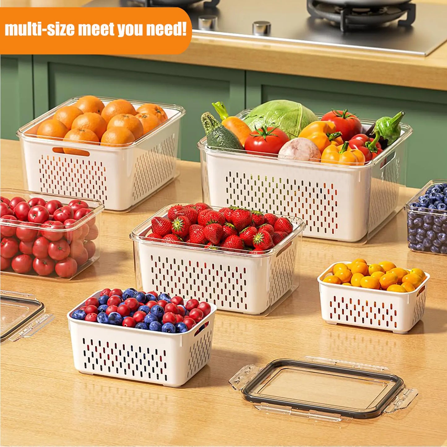 5 Pack Fridge Organizers and Storage -Stackable Fruit Storage Containers for Fridgewith Removable Colander, BPA-Free