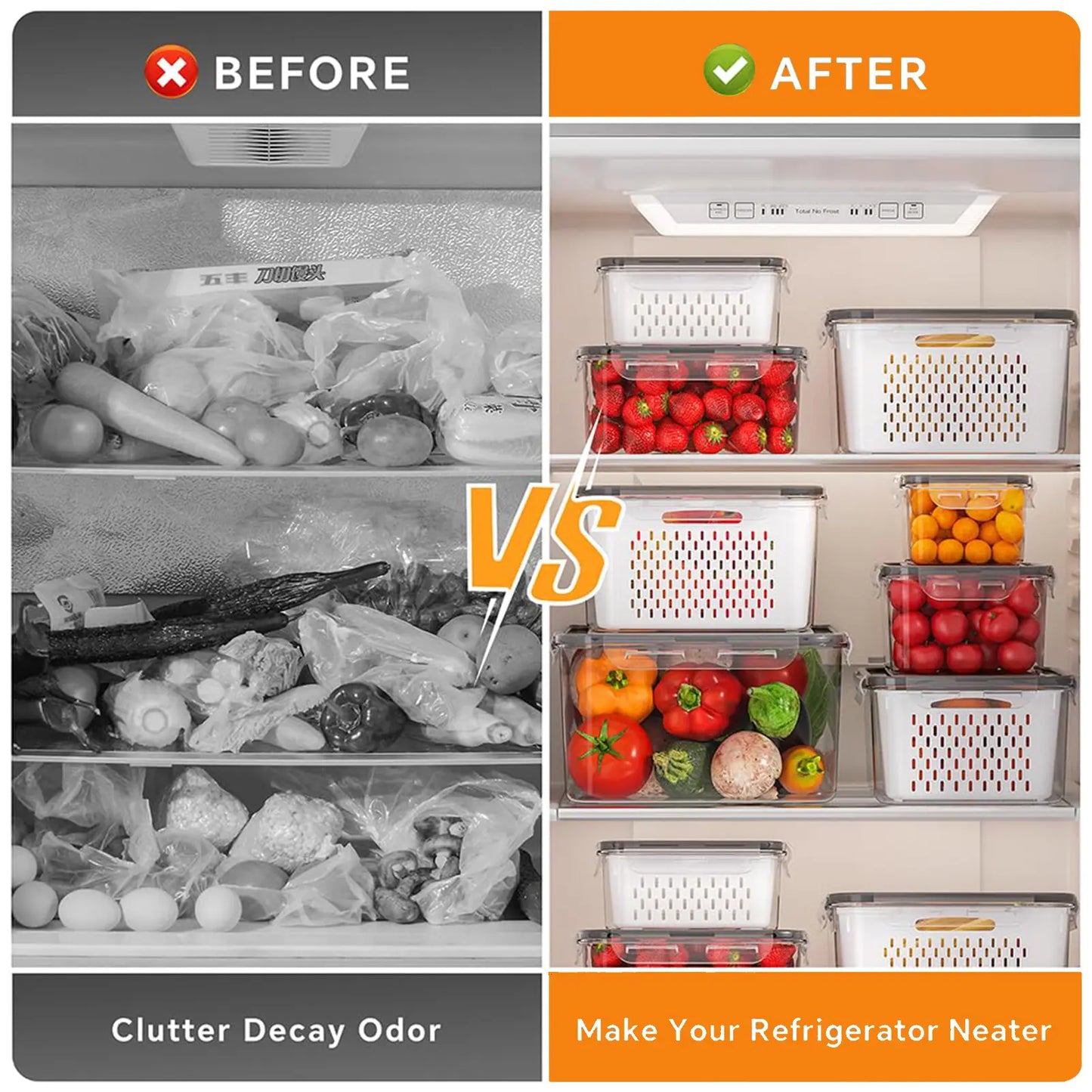 5 Pack Fridge Organizers and Storage -Stackable Fruit Storage Containers for Fridgewith Removable Colander, BPA-Free