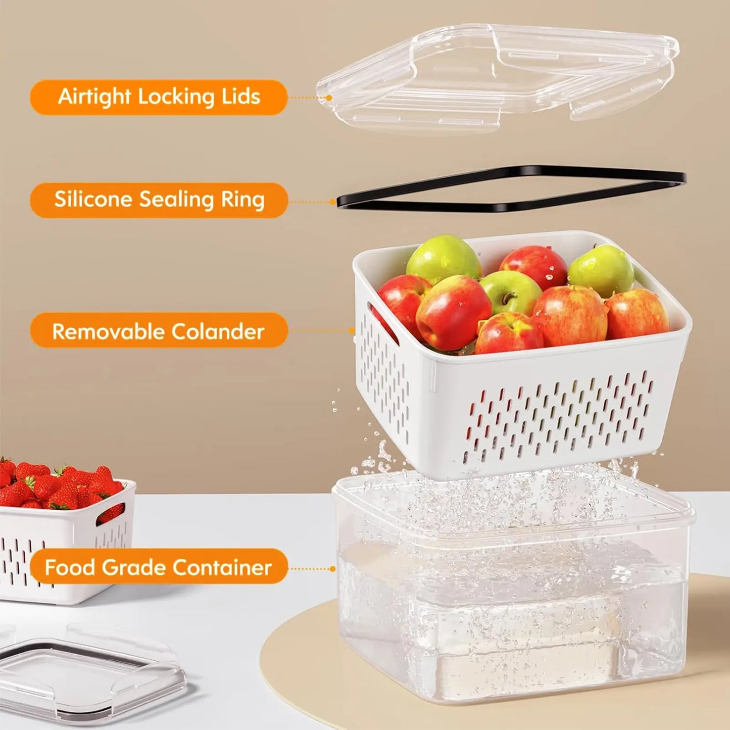 5 Pack Fridge Organizers and Storage -Stackable Fruit Storage Containers for Fridgewith Removable Colander, BPA-Free